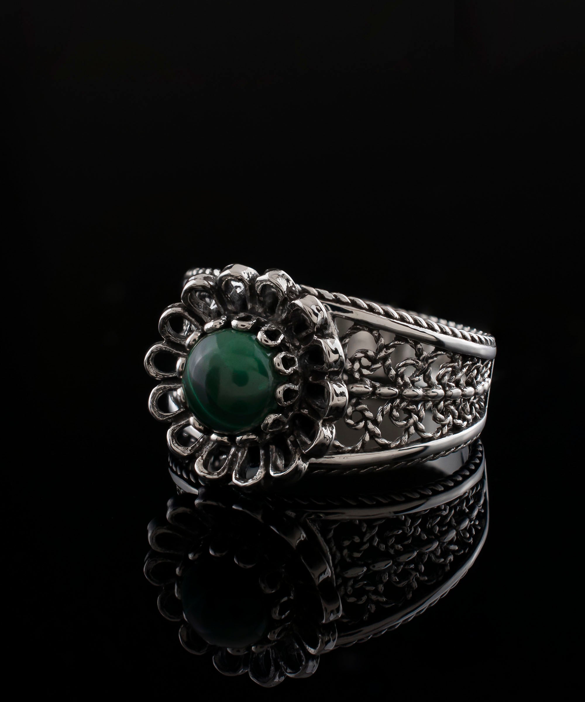 Daisy Figured Malachite Gemstone Filigree Art Ring in sterling silver with a round-cut malachite stone, showcasing intricate filigree design.