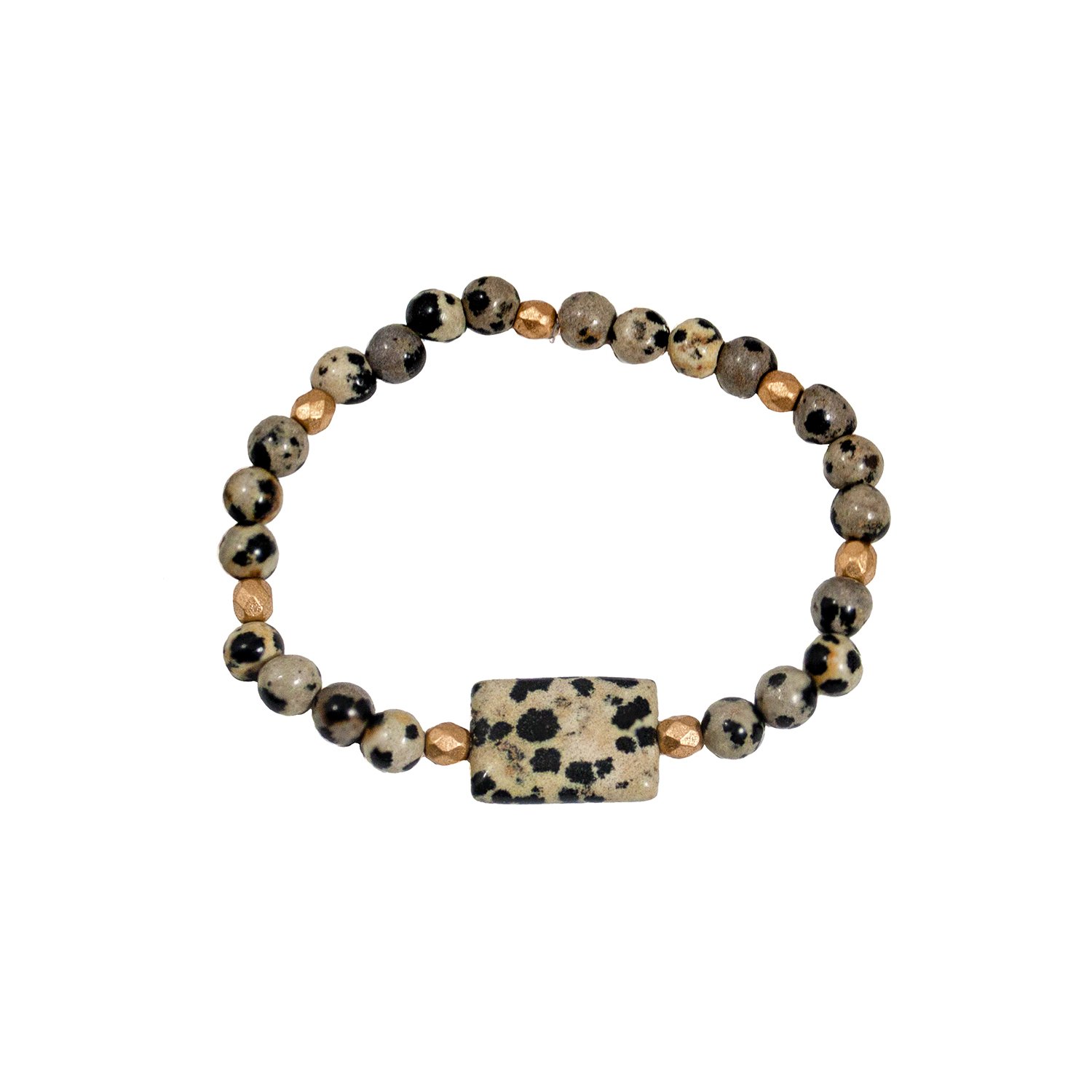 A stylish Dalmatian Jasper & Gold Beaded Stretch Bracelet featuring spotted jasper beads and gold plated brass accents, showcasing its unique design.