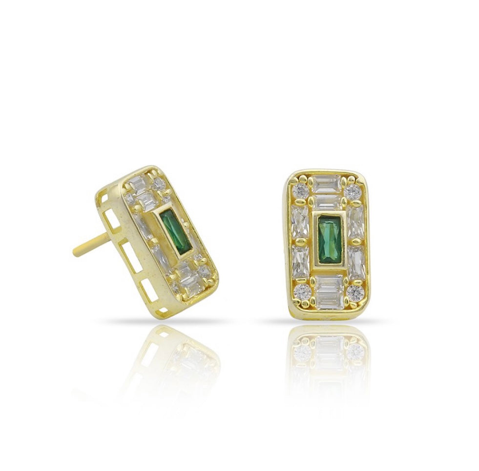 DANA Studs featuring lush green baguette cut stones framed by sparkling cubic zirconias in yellow gold plated sterling silver.