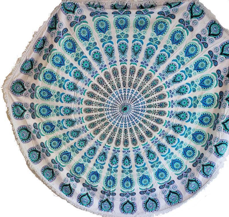 Dancing Peacock Round Mandala Tapestry featuring intricate lace trim, displayed elegantly as a wall hanging.