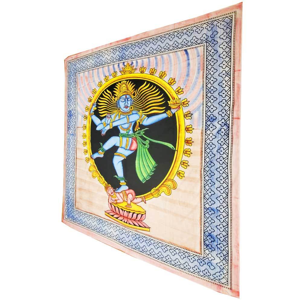 A full-size tapestry featuring the Dancing Shiva Pose Natarajasana, showcasing vibrant colors and intricate handpainted brushstroke design.