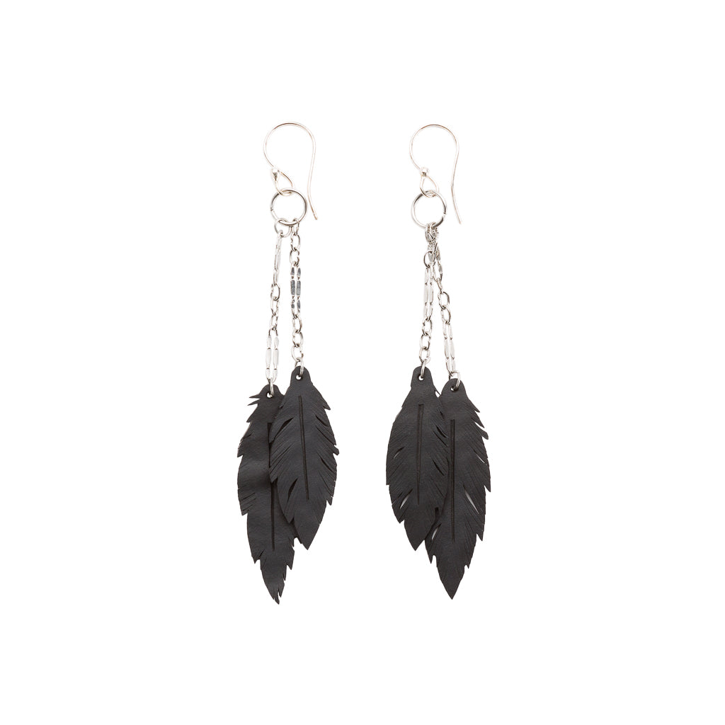 Dangle Feather Recycled Rubber Earrings featuring unique patterns, sterling silver hooks, and a lightweight design, perfect for eco-conscious fashion.