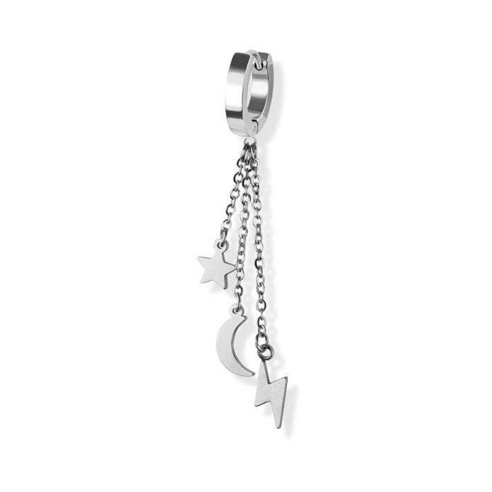 Dangle Lightning Bolt Star and Moon Huggie Earring featuring a silver cuff, chain connection, and dangling charms.