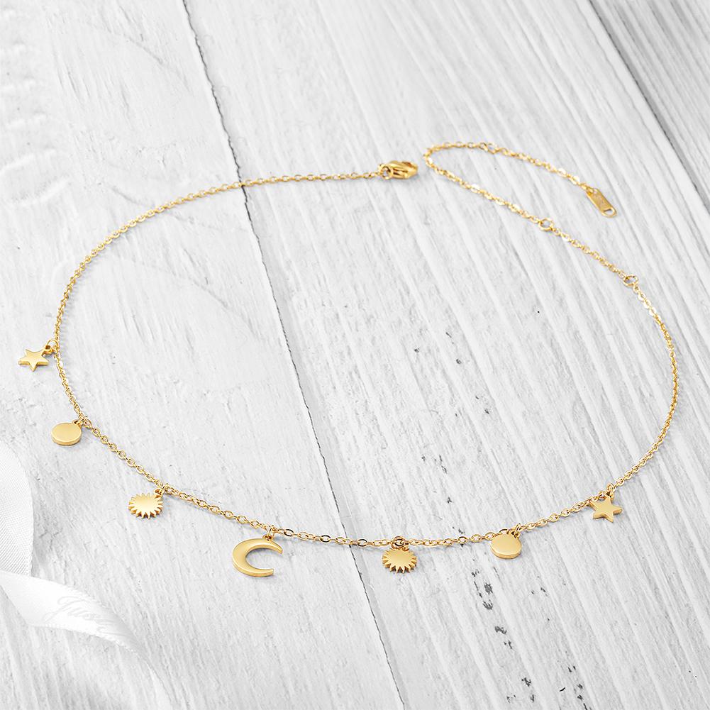 Dangling Celestial Necklace made of 316L surgical stainless steel with 14K gold PVD plating, showcasing celestial-themed design.