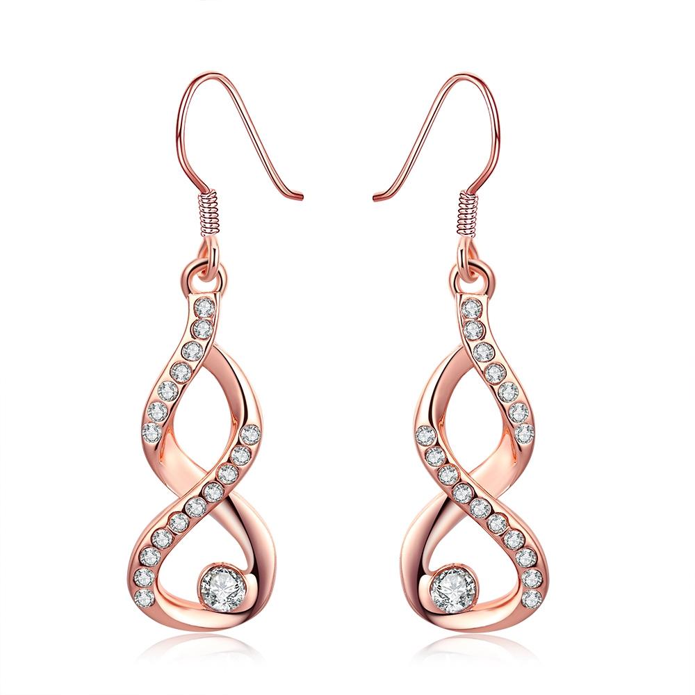 Dangling Infinity Earrings featuring certified crystals and 18K rose gold plating, elegantly designed for comfort and style.