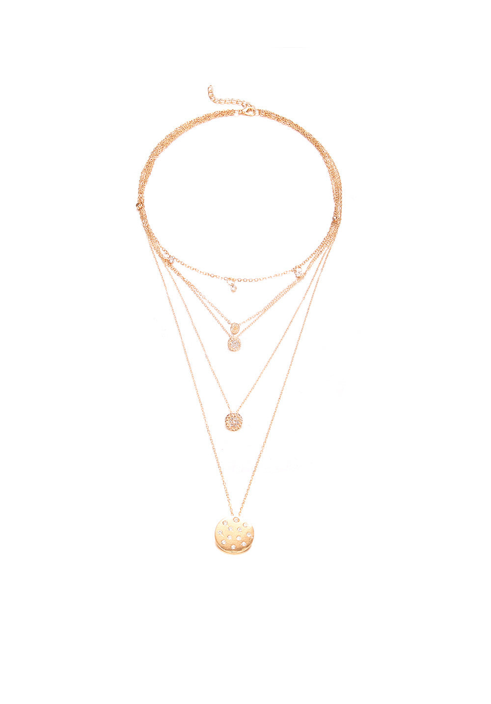 Dangling Multi-Layered Elements Pa've Discs Necklace featuring crystal pavé discs and 14K gold plating, elegantly designed for women.