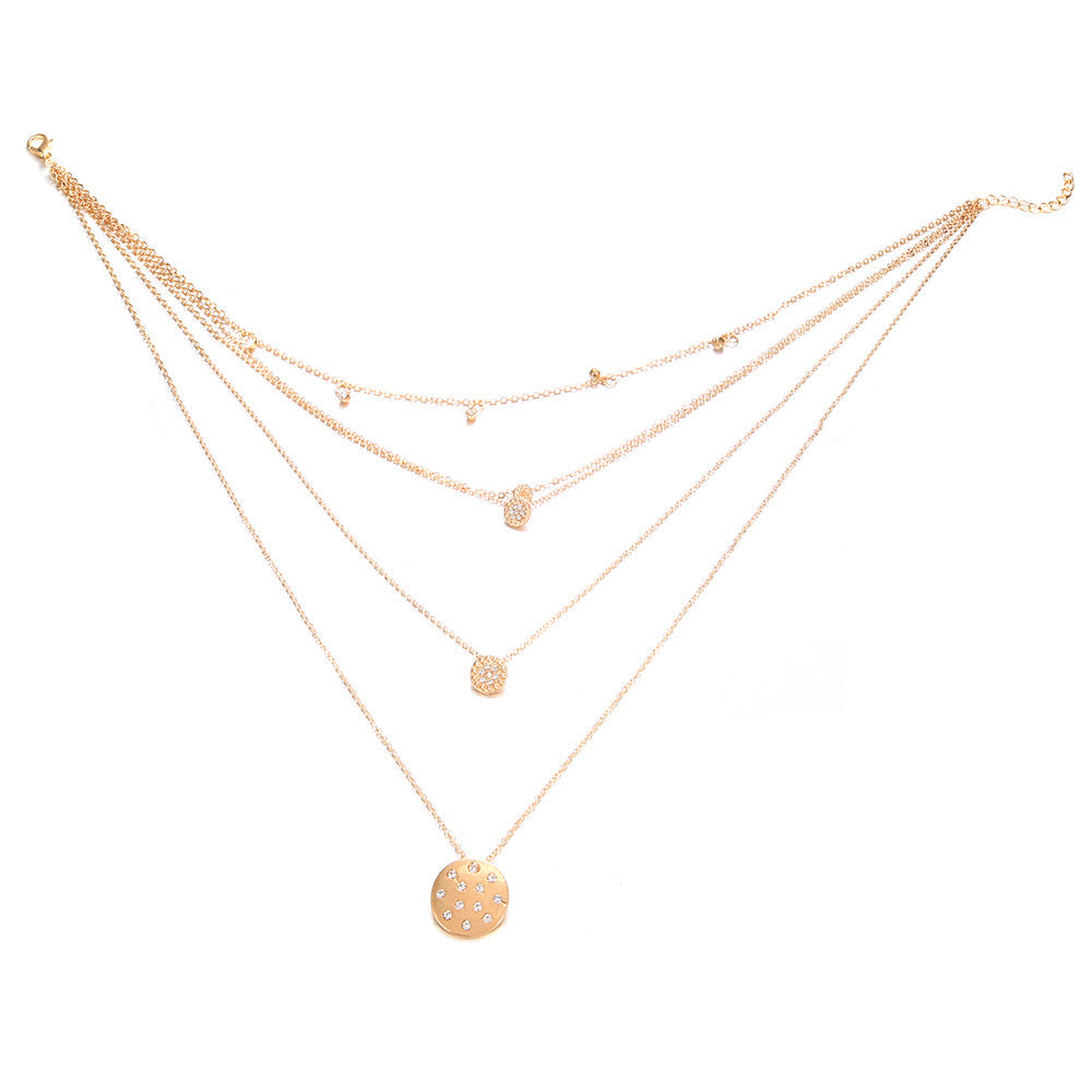 Dangling Multi-Layered Elements Pa've Discs Necklace featuring crystal pavé discs and 14K gold plating, elegantly designed for women.