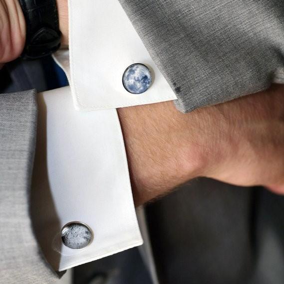 Dark Side of the Moon Cuff Links in antique bronze and silver tone, showcasing the near and far sides of the Moon, perfect for stargazers.