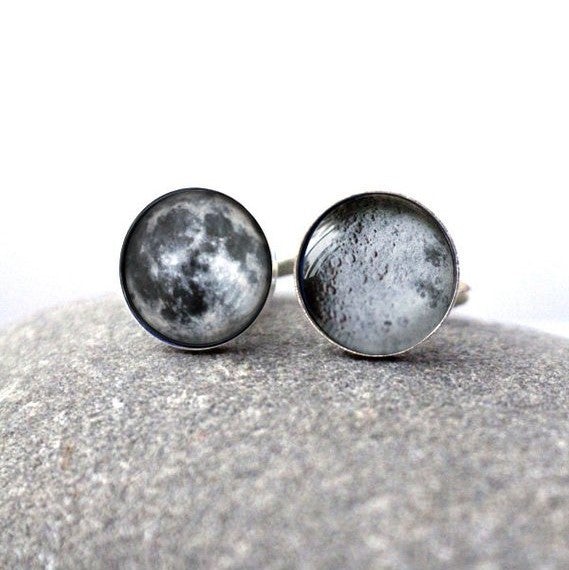 Dark Side of the Moon Cuff Links in antique bronze and silver tone, showcasing the near and far sides of the Moon, perfect for stargazers.