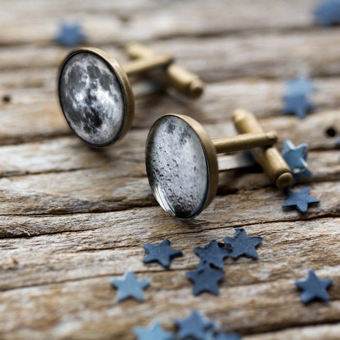 Dark Side of the Moon Cuff Links in antique bronze and silver tone, showcasing the near and far sides of the Moon, perfect for stargazers.