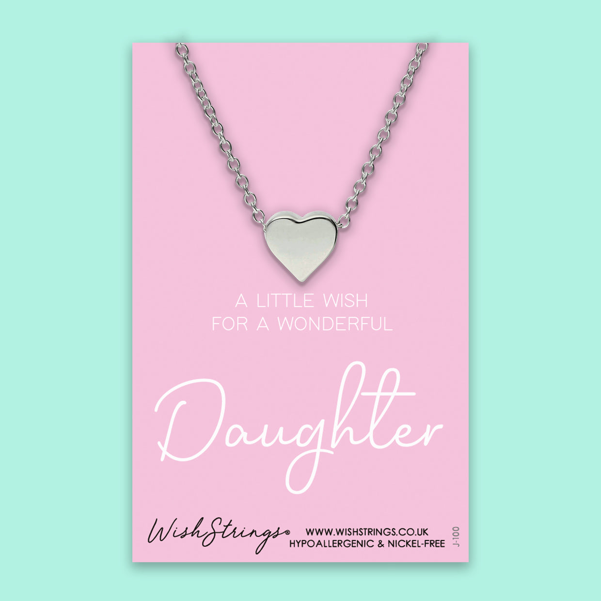 A beautiful Daughter Heart Necklace, handmade in the UK, featuring a delicate heart pendant on a silver chain.