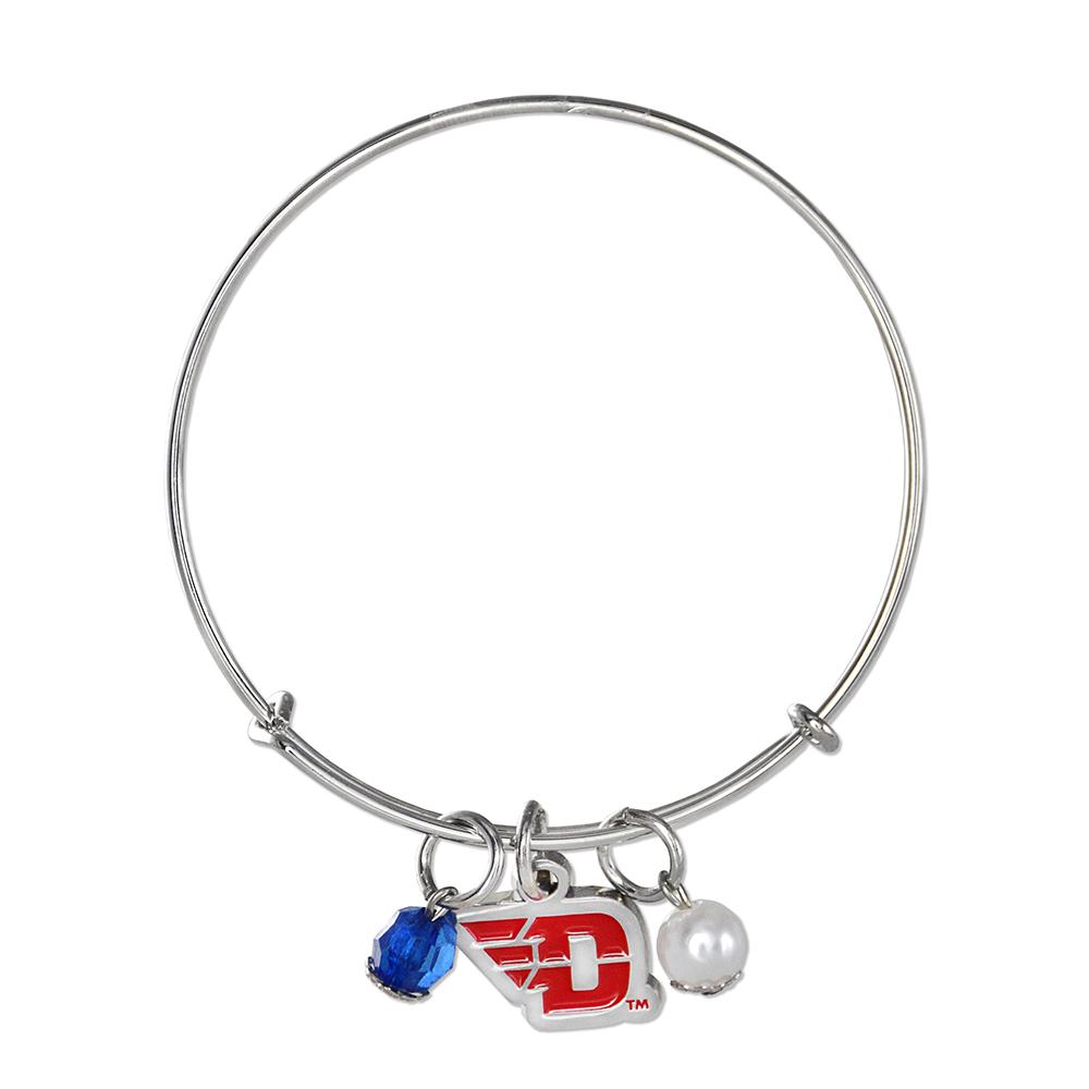 Dayton Bangle Bracelet featuring Flyers logo, blue rhinestone, and white imitation pearl, adjustable from 7-8 inches.