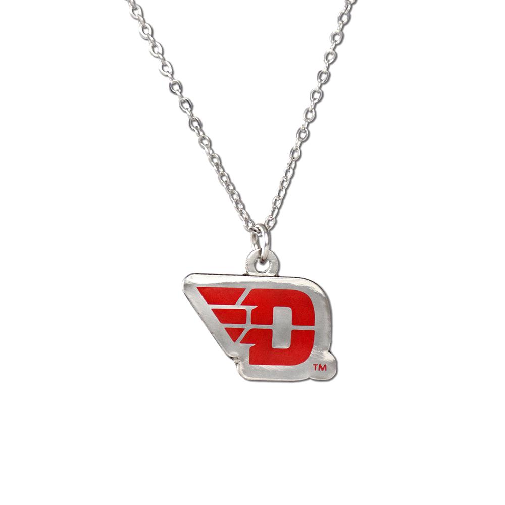 Stylish Dayton University Fan Necklace with silver finish and logo pendant.