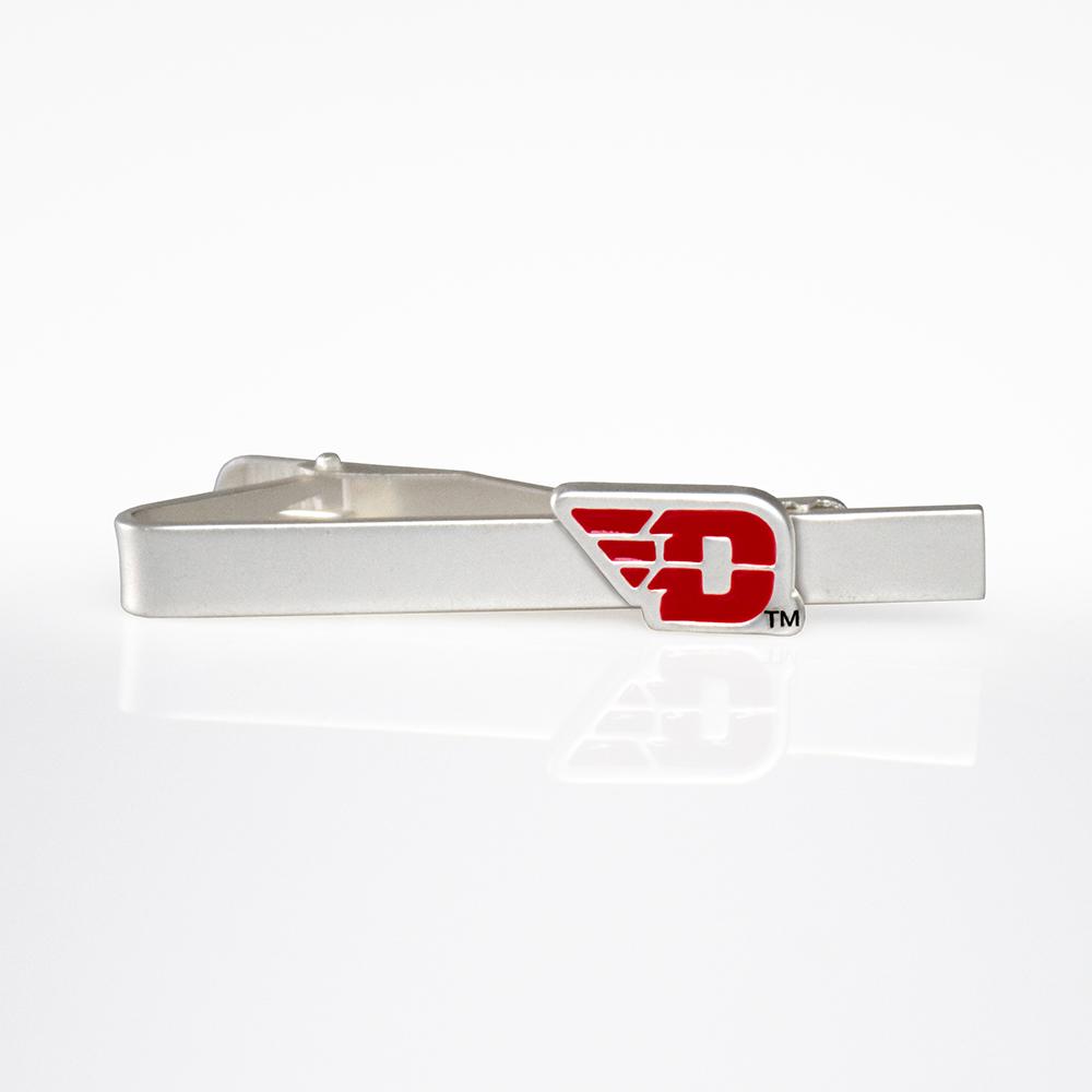 Dayton Flyers tie bar featuring a brushed silver finish and red logo, perfect for fans.