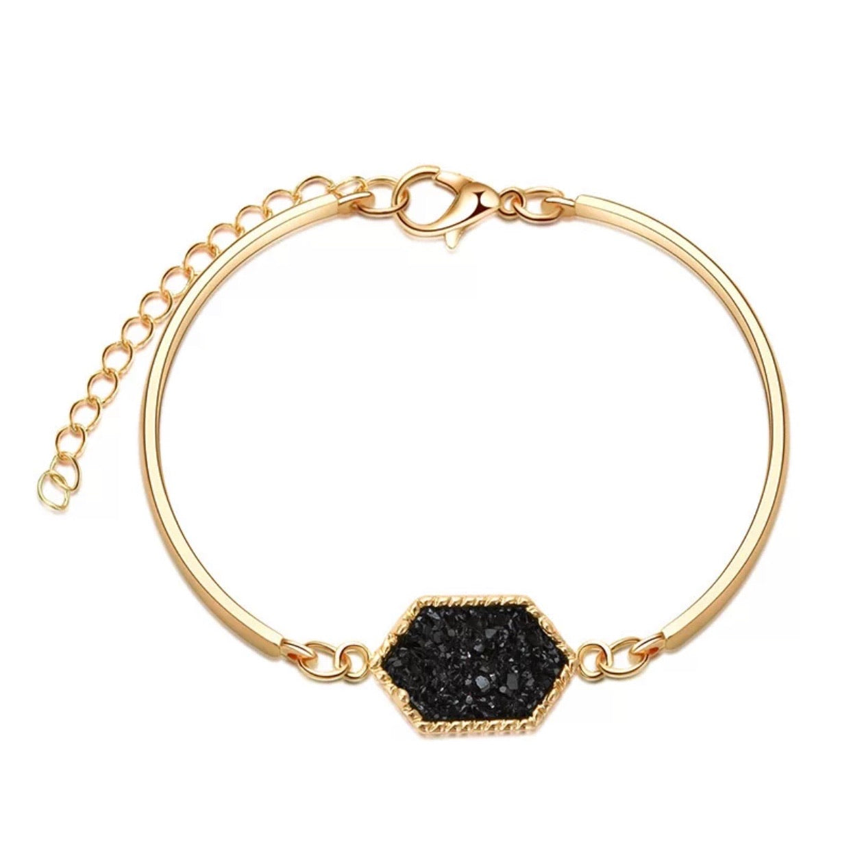 A sparkling Dazzling Dainty Druzy Bracelet featuring 24K gold plating and colorful druzy stones, elegantly displayed on a soft surface.