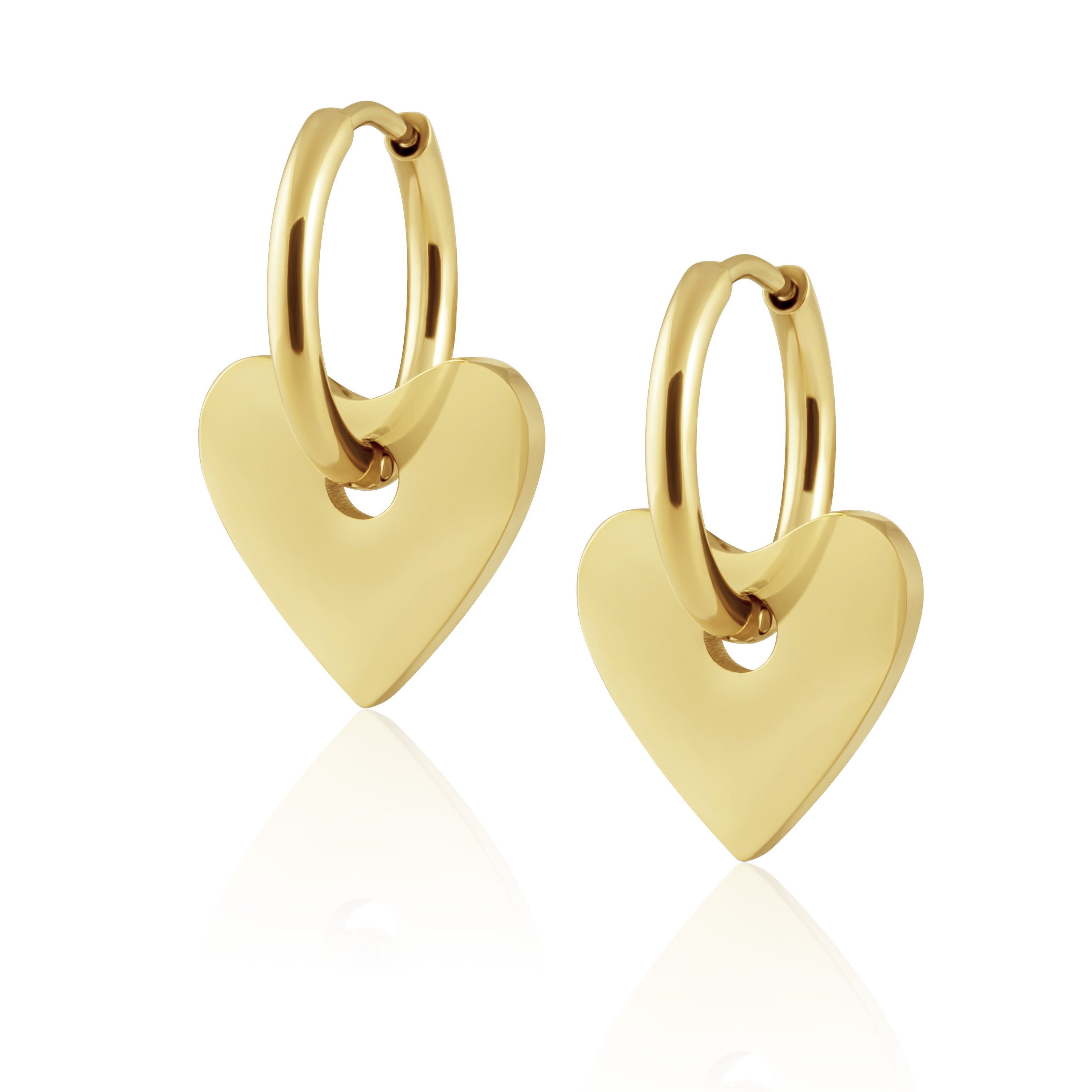 A pair of Dee Heart Earrings featuring a 2-in-1 hoop design with a heart charm, elegantly crafted in 18k gold plated stainless steel.