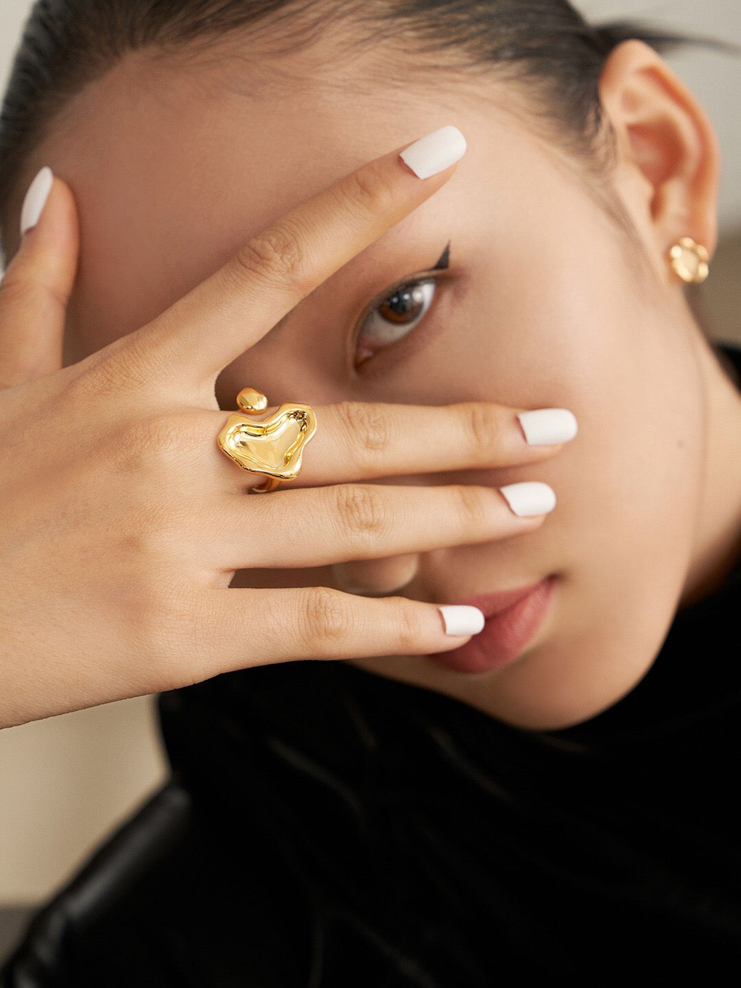 Delicate Mirror Lake Concave Open Ring in sterling silver and gold vermeil, showcasing its unique concave design and adjustable size.