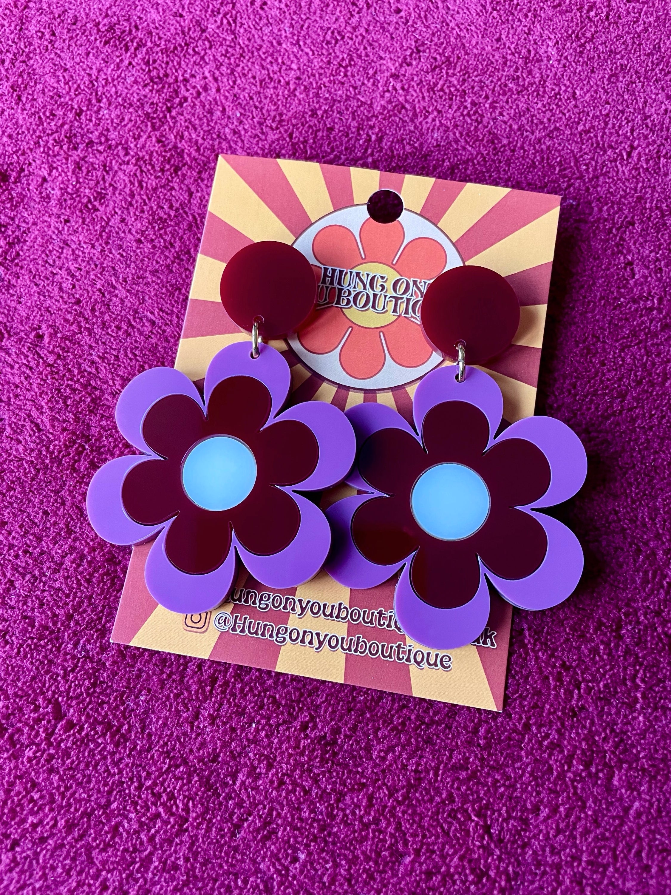 Delilah Daisy Earrings and Brooches featuring vibrant colors and retro design, made from laser-cut acrylic.