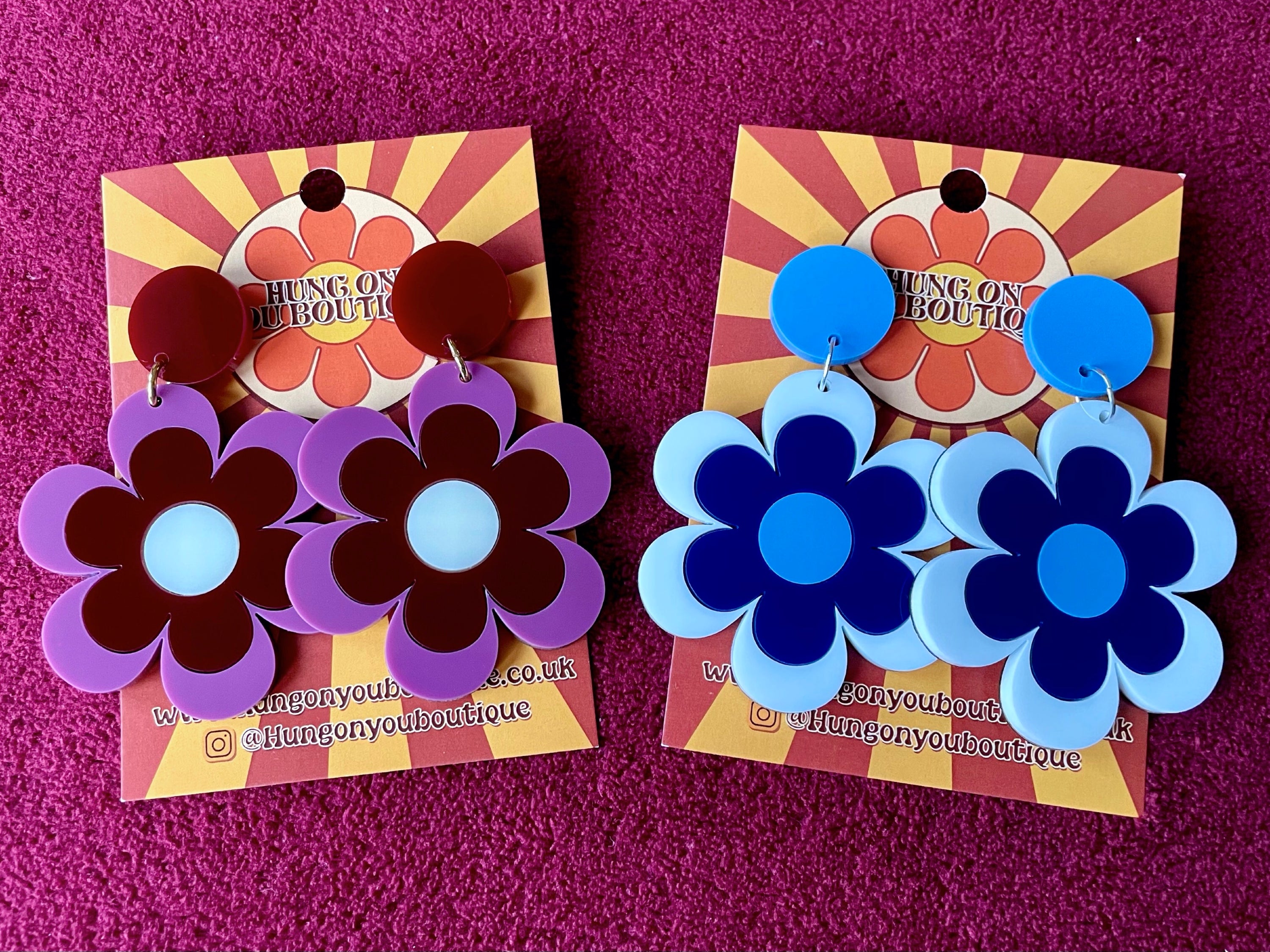 Delilah Daisy Earrings and Brooches featuring vibrant colors and retro design, made from laser-cut acrylic.