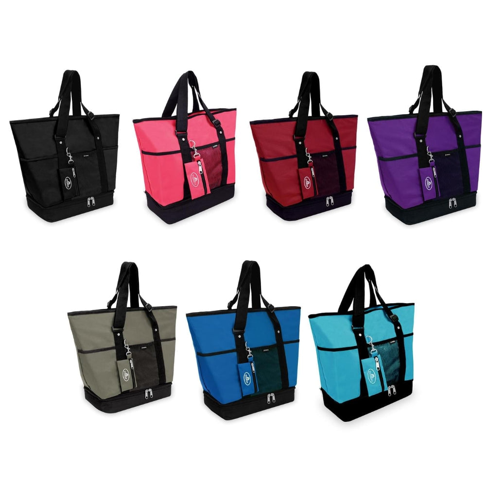 Deluxe Shopping Tote in trendy colors with zippered compartments and adjustable straps, perfect for shopping.