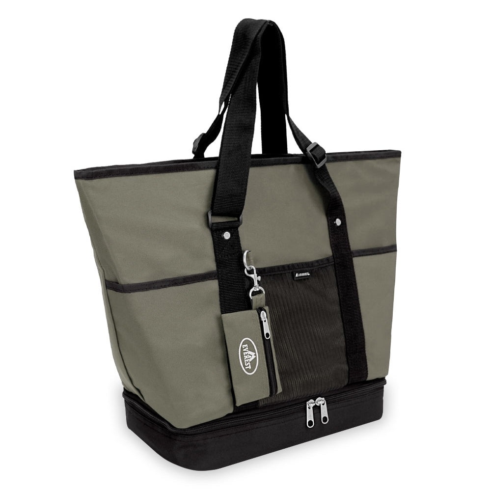 Deluxe Shopping Tote in trendy colors with zippered compartments and adjustable straps, perfect for shopping.