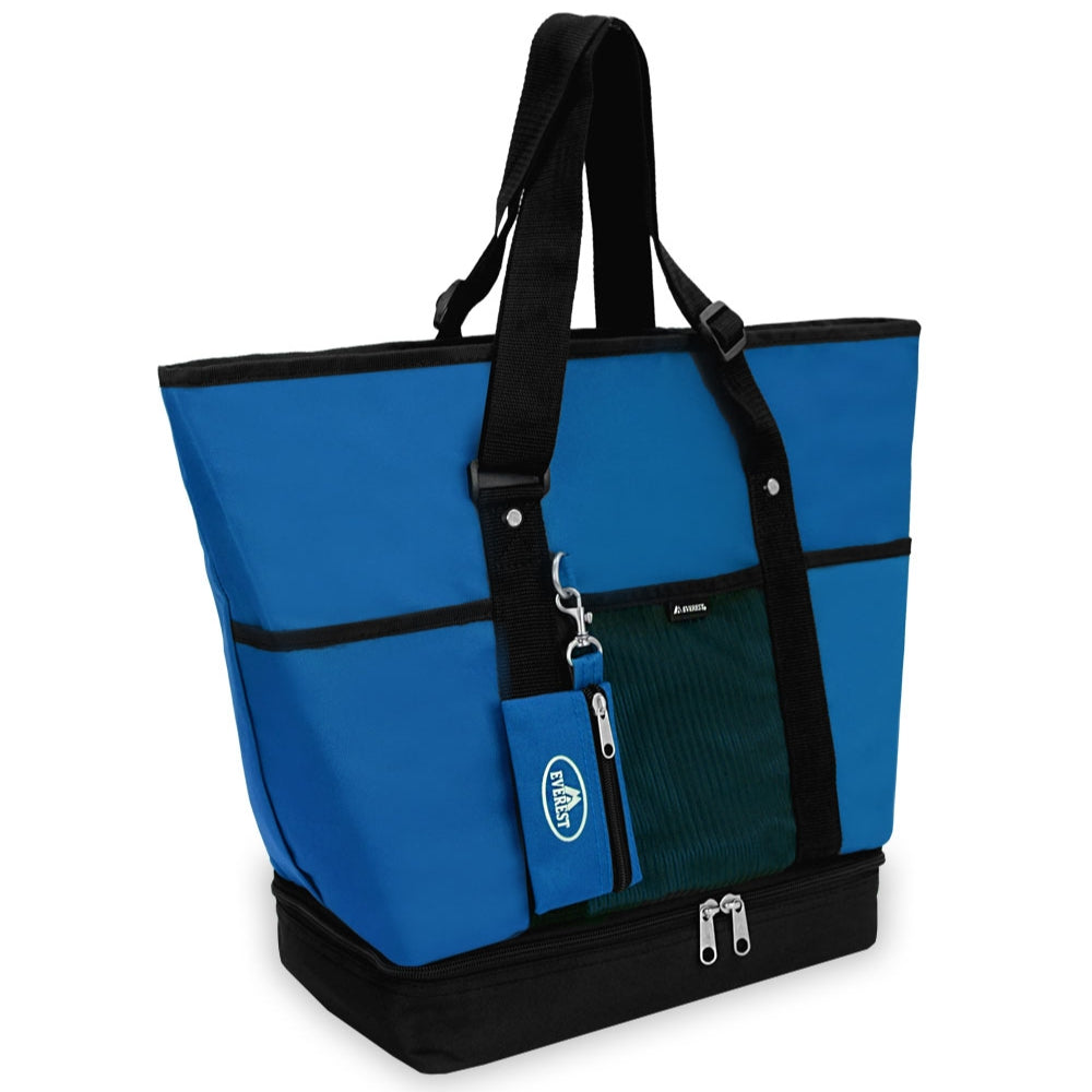 Deluxe Shopping Tote in trendy colors with zippered compartments and adjustable straps, perfect for shopping.