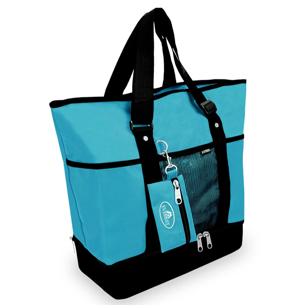 Deluxe Shopping Tote in trendy colors with zippered compartments and adjustable straps, perfect for shopping.