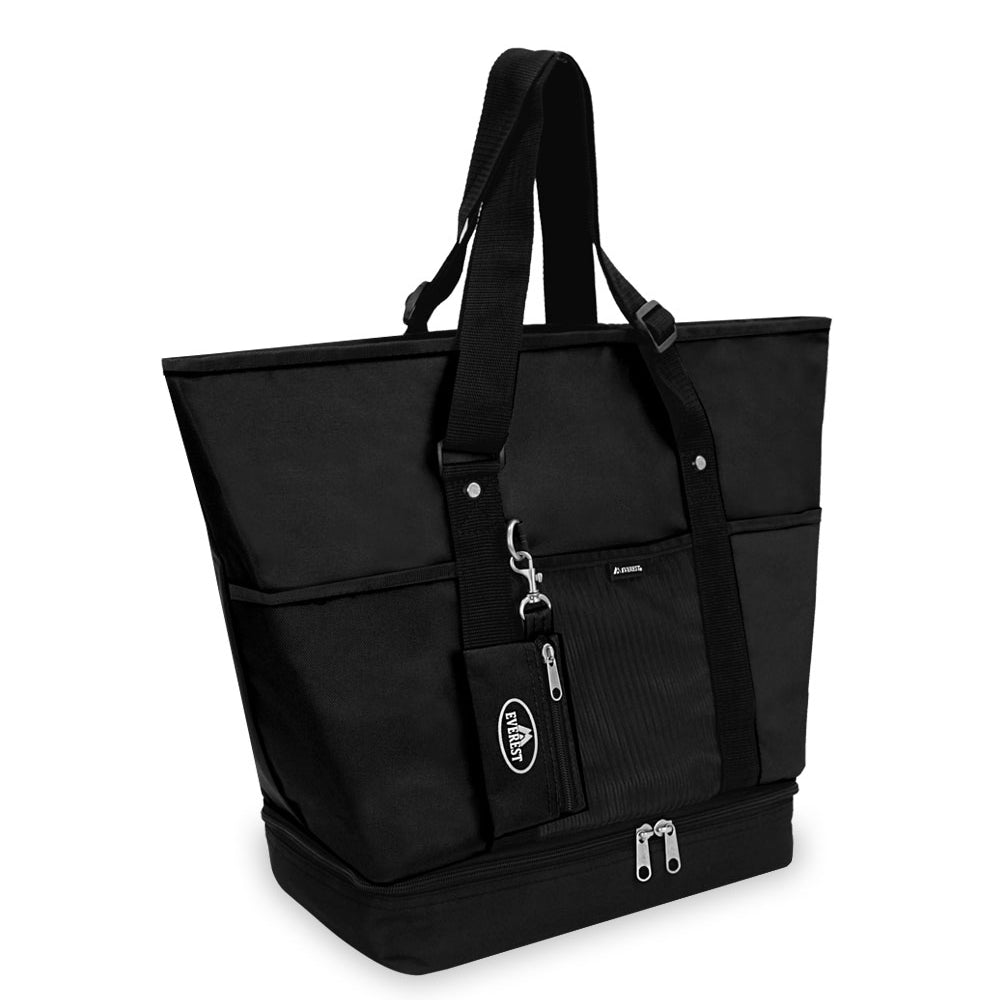 Deluxe Shopping Tote in trendy colors with zippered compartments and adjustable straps, perfect for shopping.