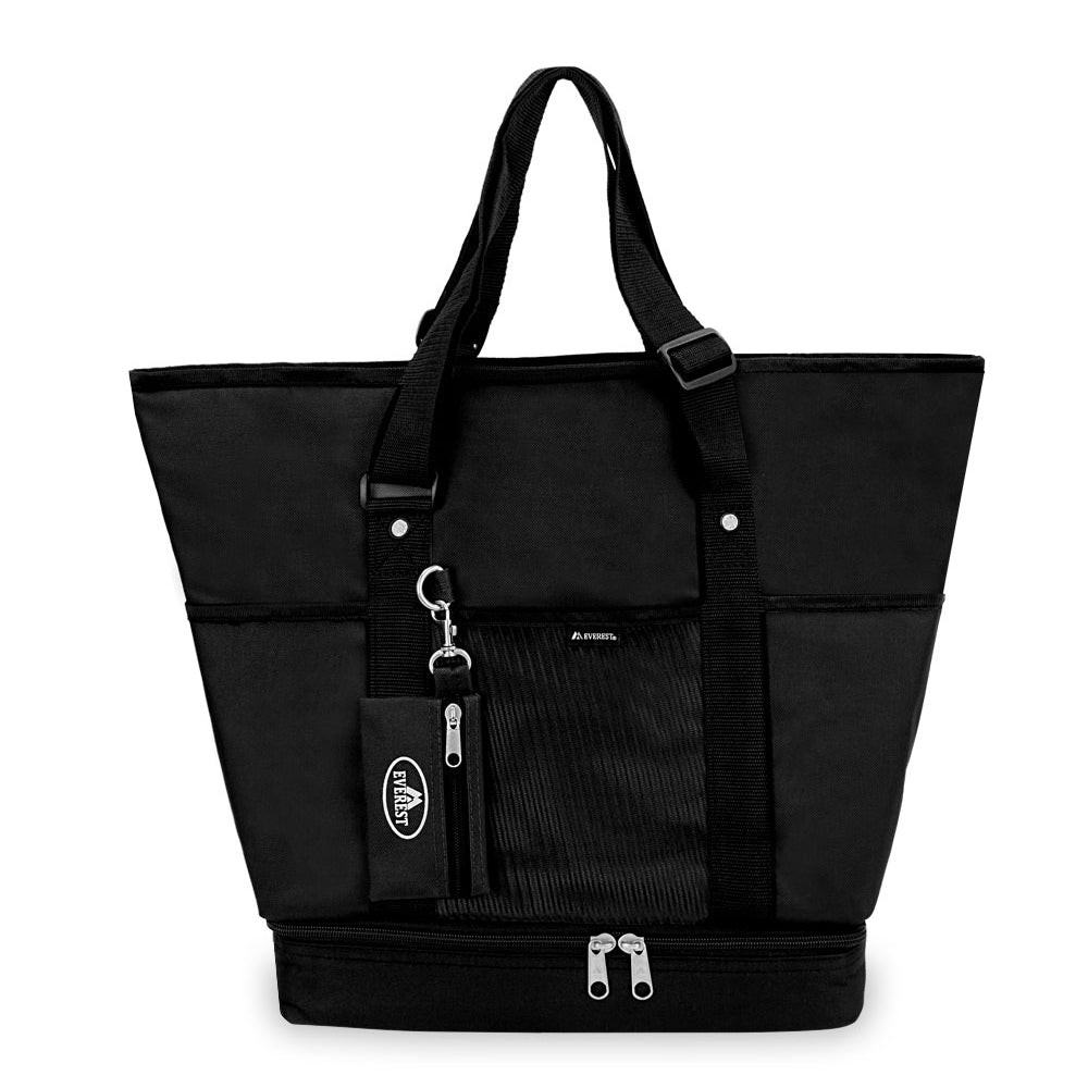 Deluxe Shopping Tote in trendy colors with zippered compartments and adjustable straps, perfect for shopping.