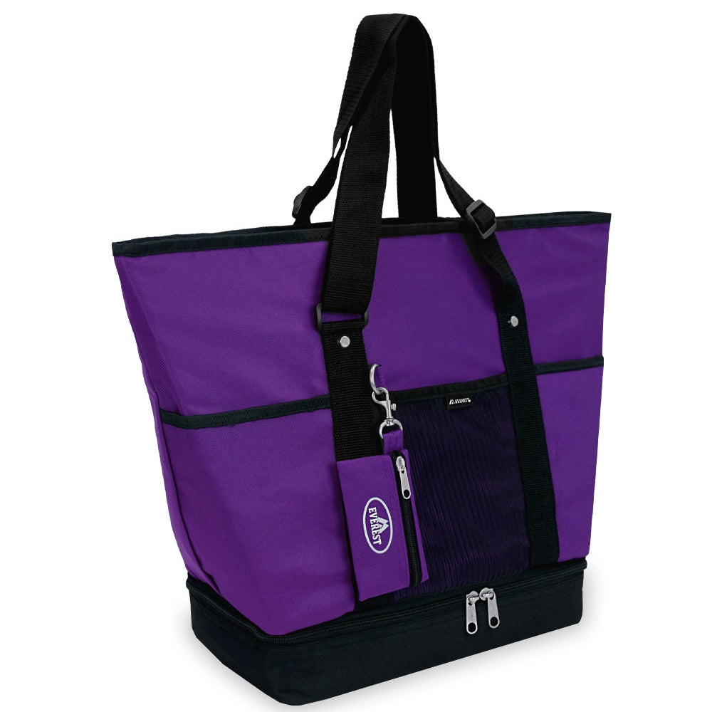 Deluxe Shopping Tote in trendy colors with zippered compartments and adjustable straps, perfect for shopping.