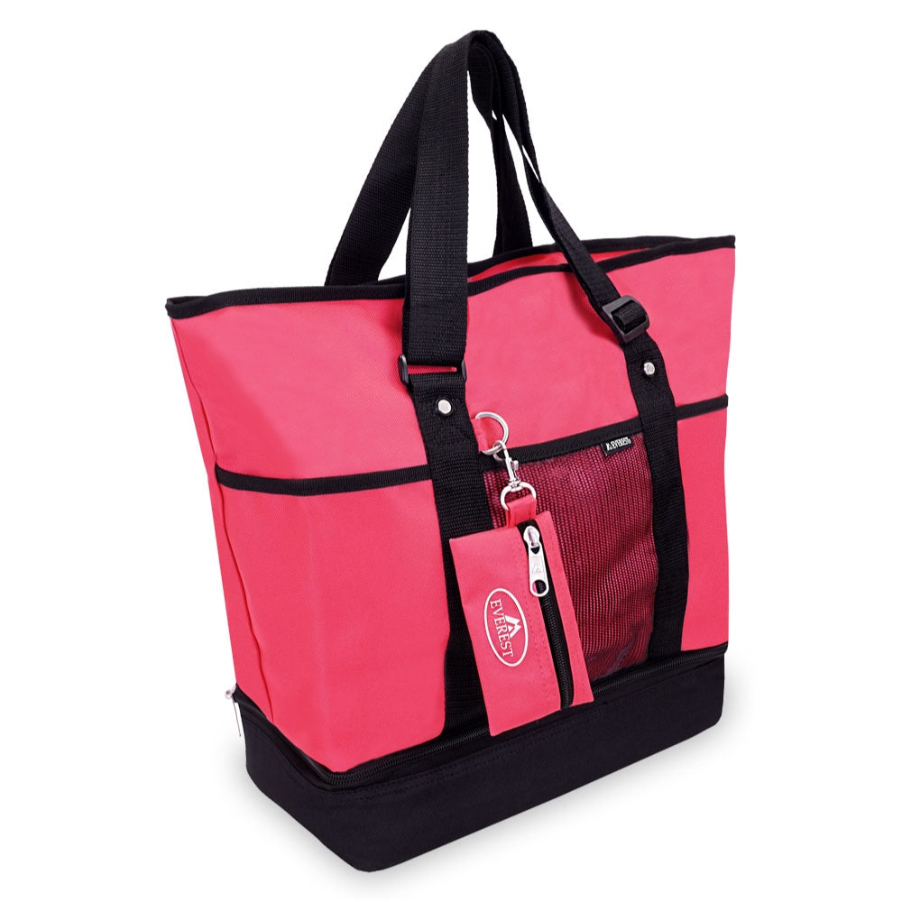 Deluxe Shopping Tote in trendy colors with zippered compartments and adjustable straps, perfect for shopping.