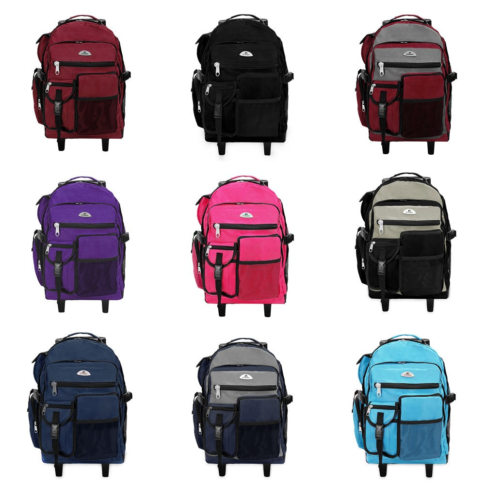 DELUXE WHEELED BACKPACK featuring spacious compartments, front mesh pocket, and durable 600D polyester material.