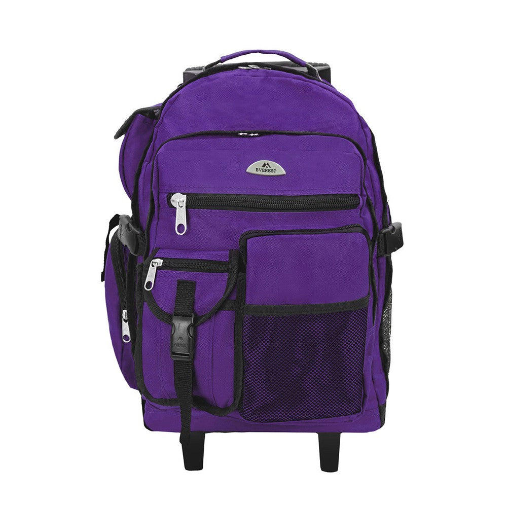 DELUXE WHEELED BACKPACK featuring spacious compartments, front mesh pocket, and durable 600D polyester material.