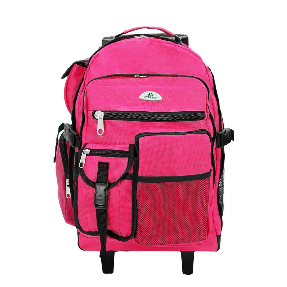 DELUXE WHEELED BACKPACK featuring spacious compartments, front mesh pocket, and durable 600D polyester material.