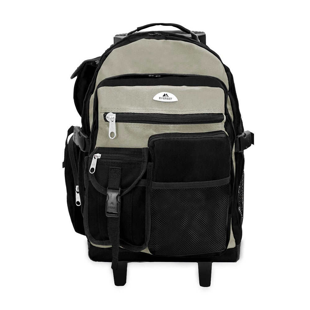 DELUXE WHEELED BACKPACK featuring spacious compartments, front mesh pocket, and durable 600D polyester material.