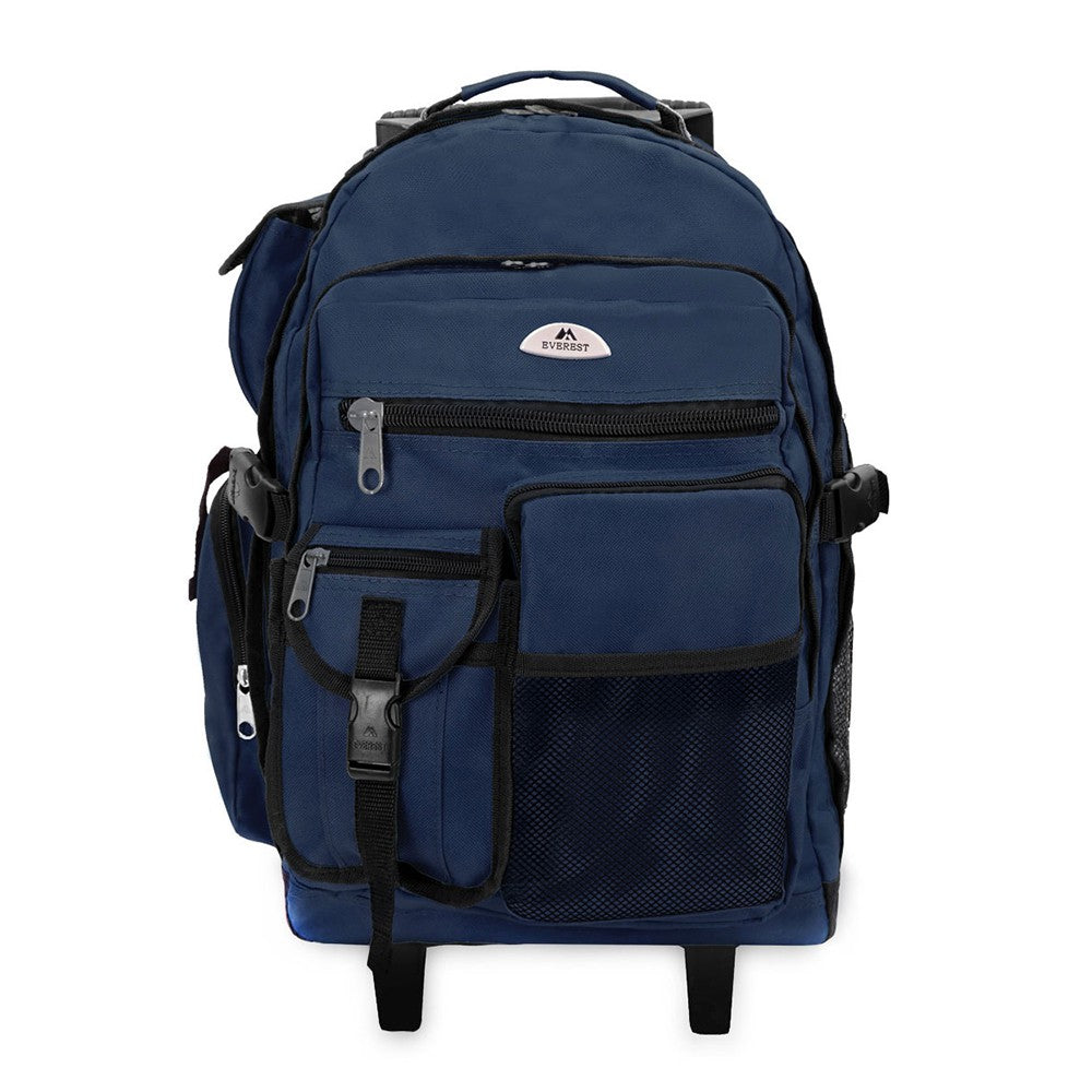 DELUXE WHEELED BACKPACK featuring spacious compartments, front mesh pocket, and durable 600D polyester material.