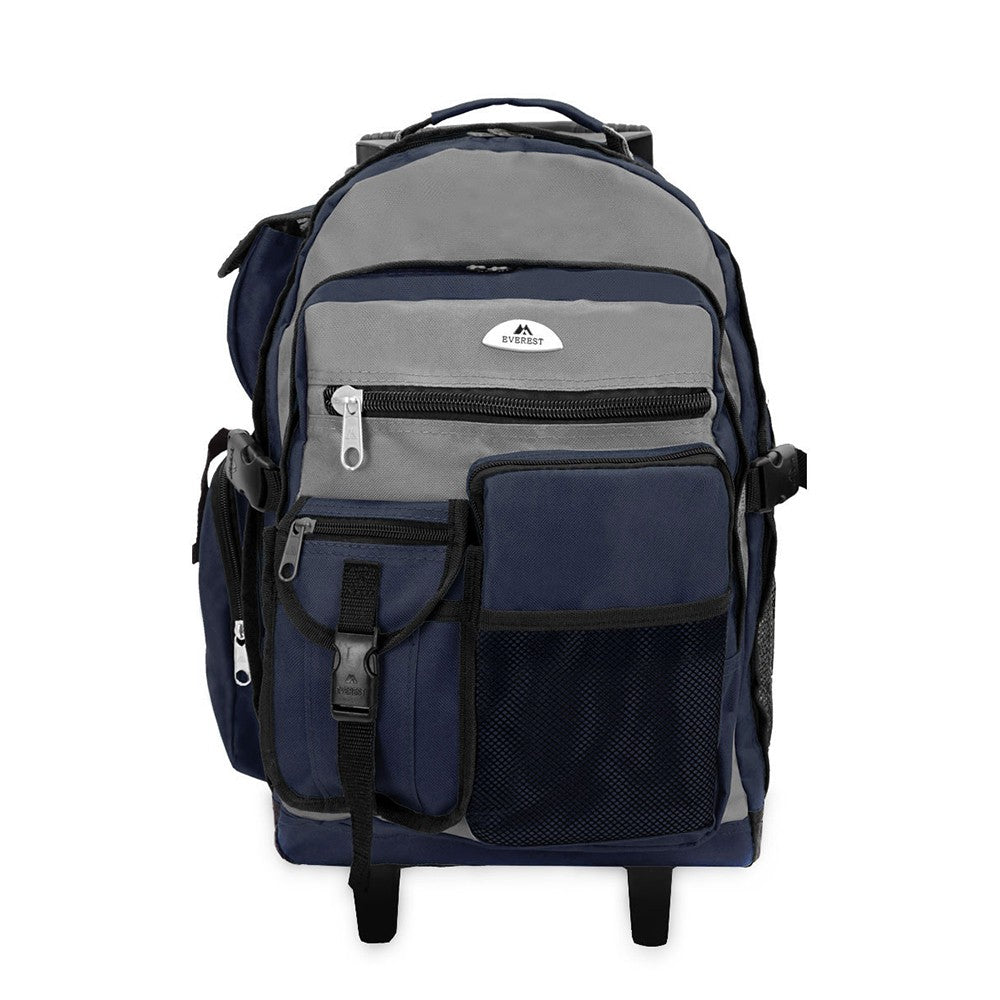 DELUXE WHEELED BACKPACK featuring spacious compartments, front mesh pocket, and durable 600D polyester material.