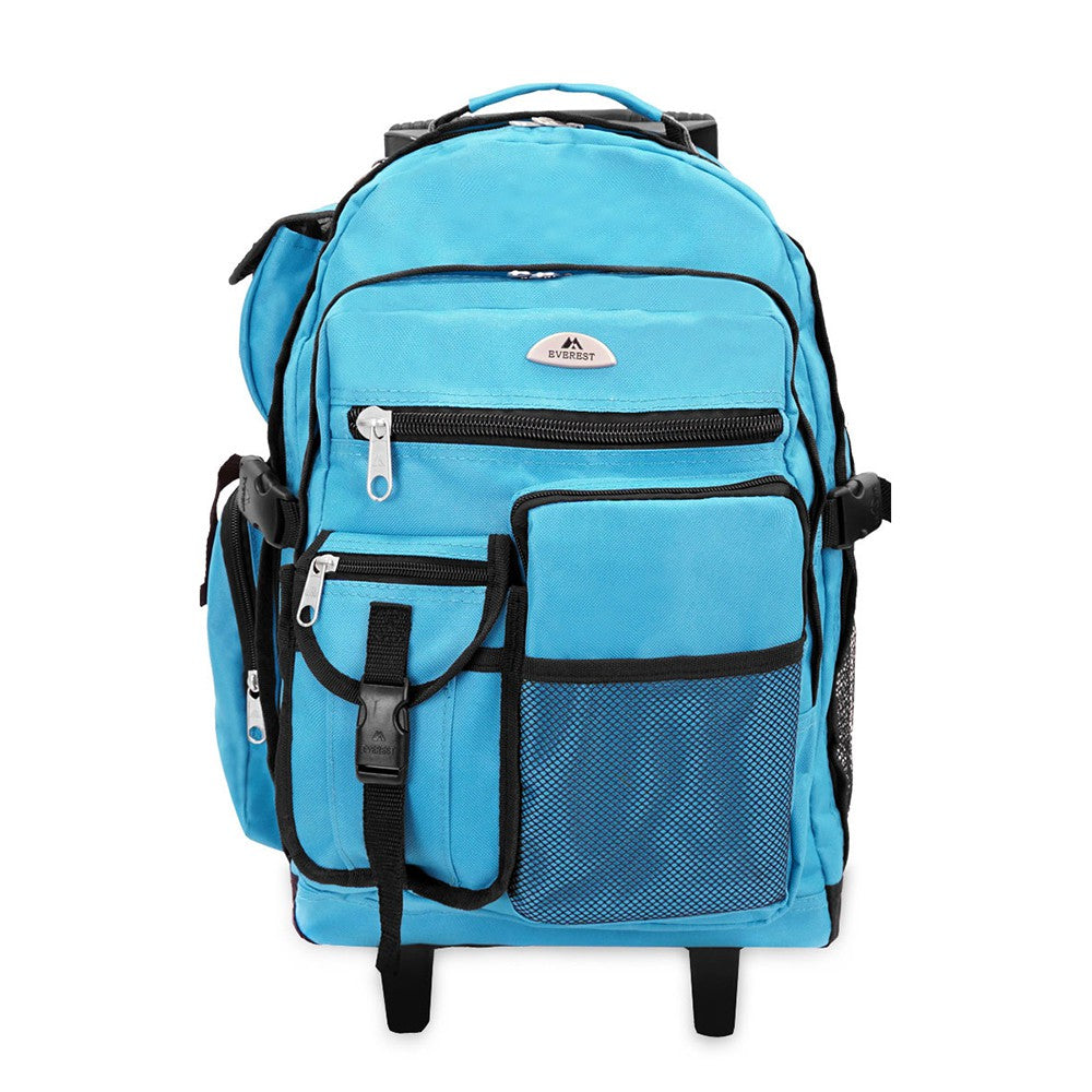 DELUXE WHEELED BACKPACK featuring spacious compartments, front mesh pocket, and durable 600D polyester material.