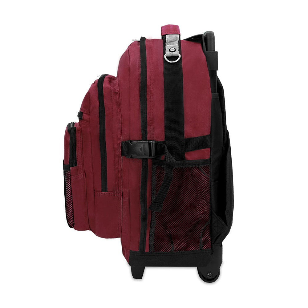 DELUXE WHEELED BACKPACK featuring spacious compartments, front mesh pocket, and durable 600D polyester material.