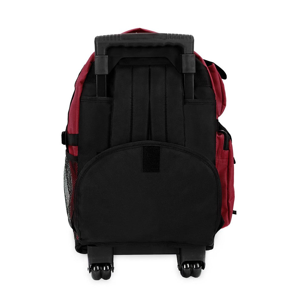 DELUXE WHEELED BACKPACK featuring spacious compartments, front mesh pocket, and durable 600D polyester material.