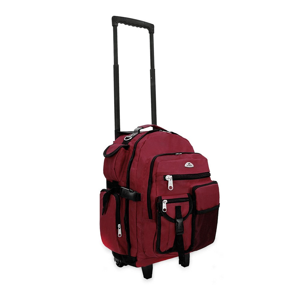 DELUXE WHEELED BACKPACK featuring spacious compartments, front mesh pocket, and durable 600D polyester material.