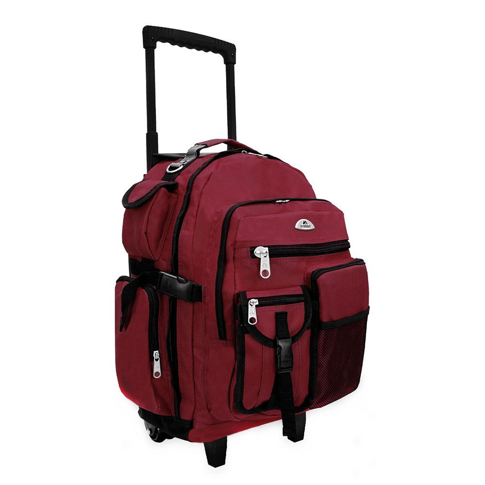 DELUXE WHEELED BACKPACK featuring spacious compartments, front mesh pocket, and durable 600D polyester material.