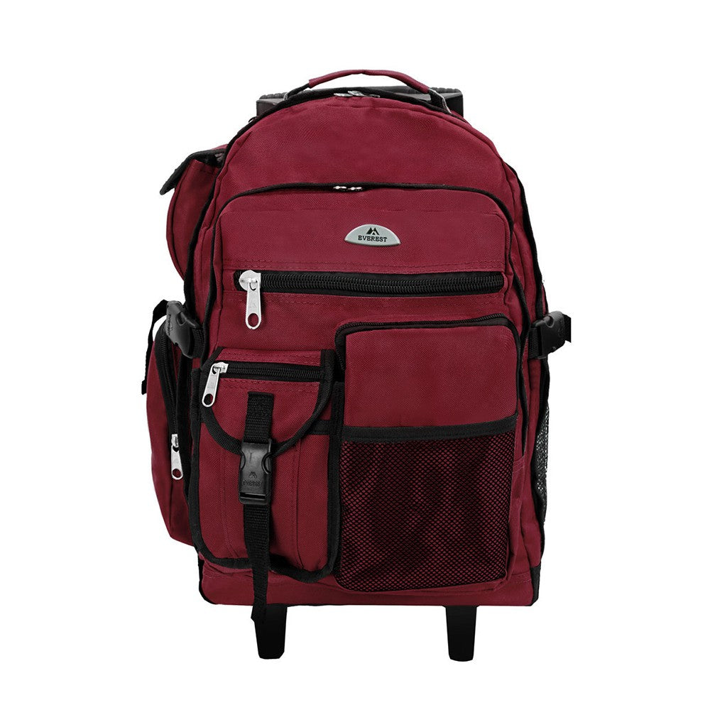 DELUXE WHEELED BACKPACK featuring spacious compartments, front mesh pocket, and durable 600D polyester material.