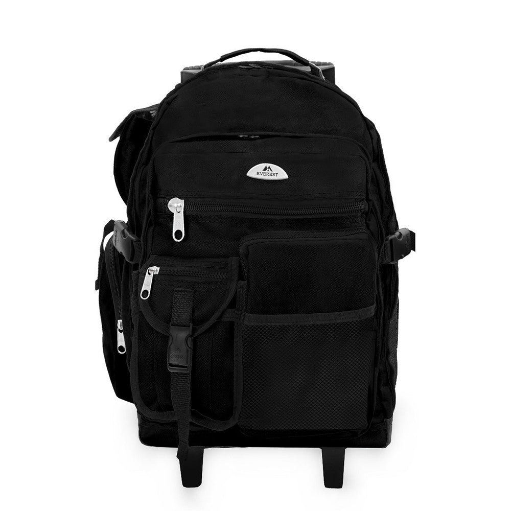 DELUXE WHEELED BACKPACK featuring spacious compartments, front mesh pocket, and durable 600D polyester material.