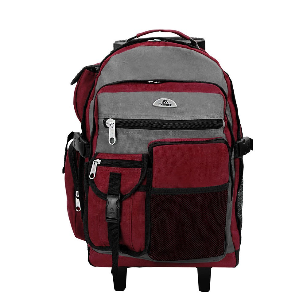 DELUXE WHEELED BACKPACK featuring spacious compartments, front mesh pocket, and durable 600D polyester material.