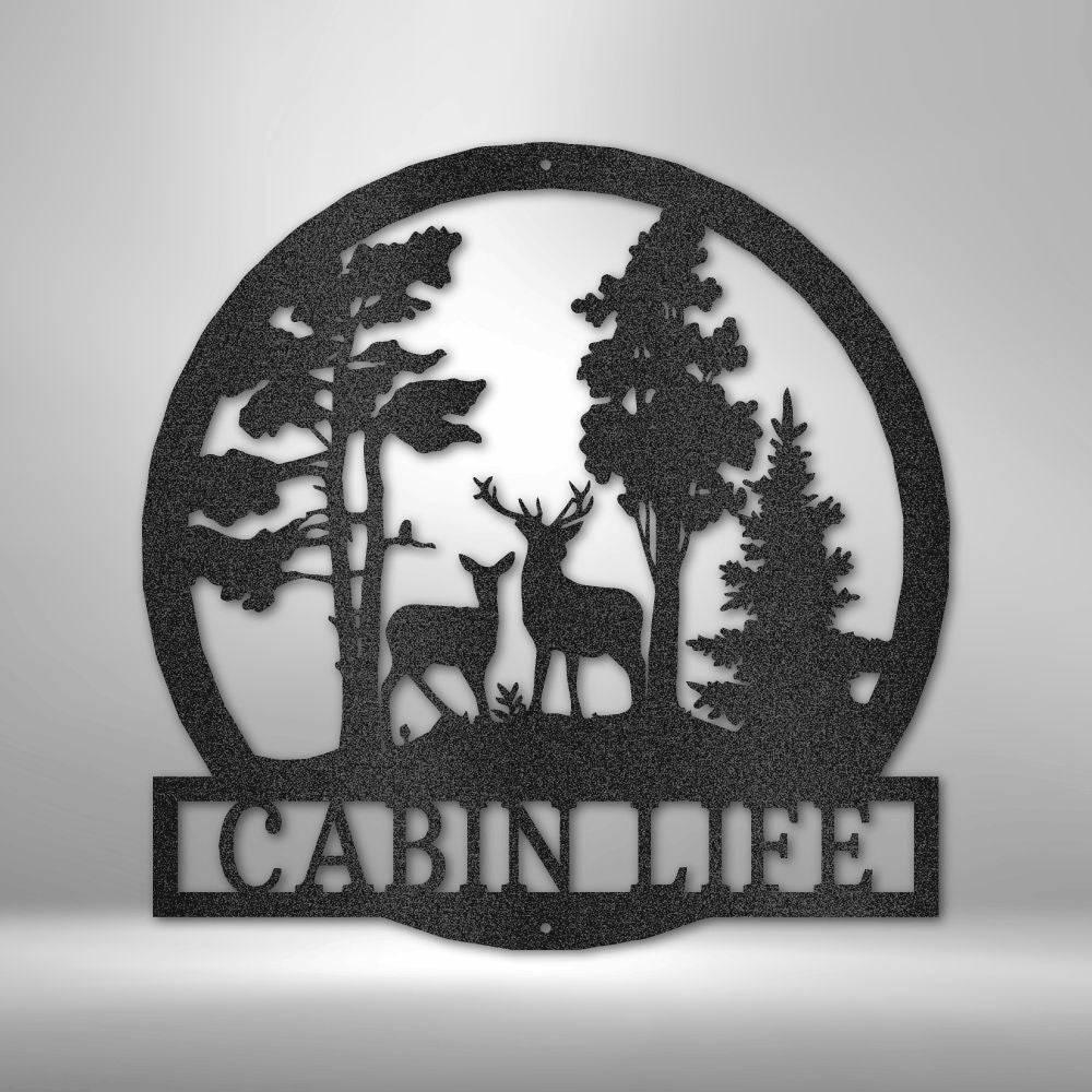 A beautifully crafted Deer In The Woods Steel Sign, showcasing intricate laser-cut details of deer in a forest setting, suitable for indoor or outdoor display.