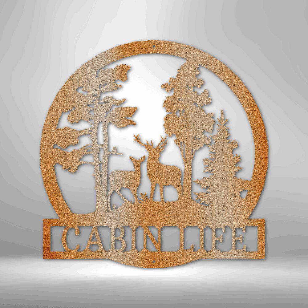 A beautifully crafted Deer In The Woods Steel Sign, showcasing intricate laser-cut details of deer in a forest setting, suitable for indoor or outdoor display.