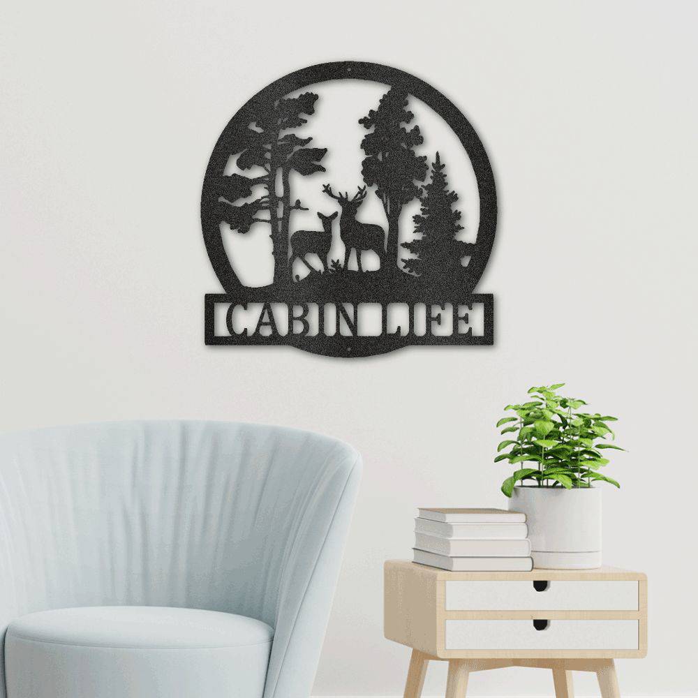 A beautifully crafted Deer In The Woods Steel Sign, showcasing intricate laser-cut details of deer in a forest setting, suitable for indoor or outdoor display.