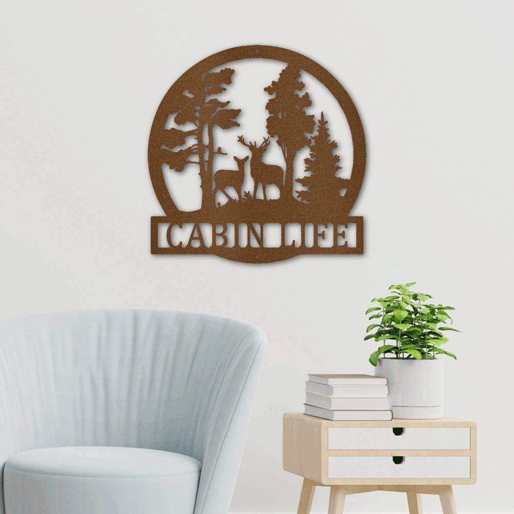 A beautifully crafted Deer In The Woods Steel Sign, showcasing intricate laser-cut details of deer in a forest setting, suitable for indoor or outdoor display.