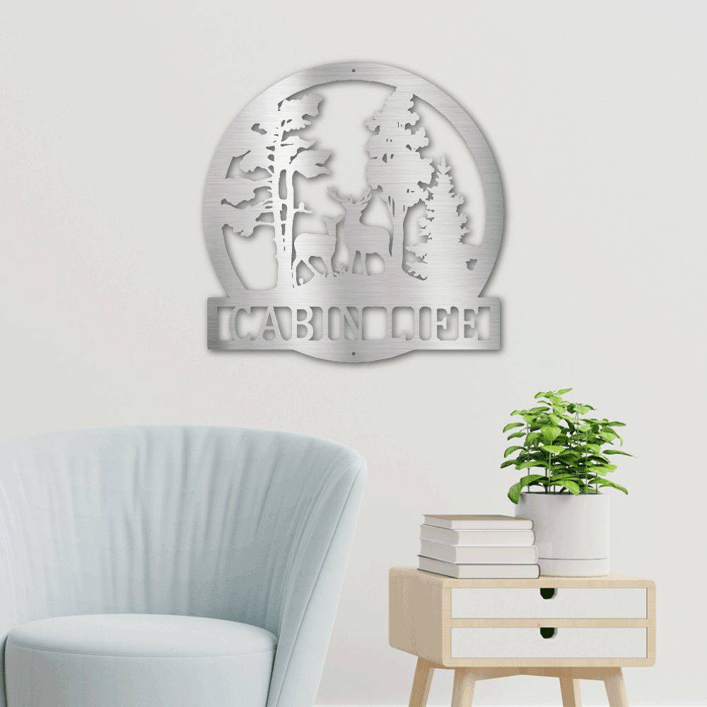 A beautifully crafted Deer In The Woods Steel Sign, showcasing intricate laser-cut details of deer in a forest setting, suitable for indoor or outdoor display.